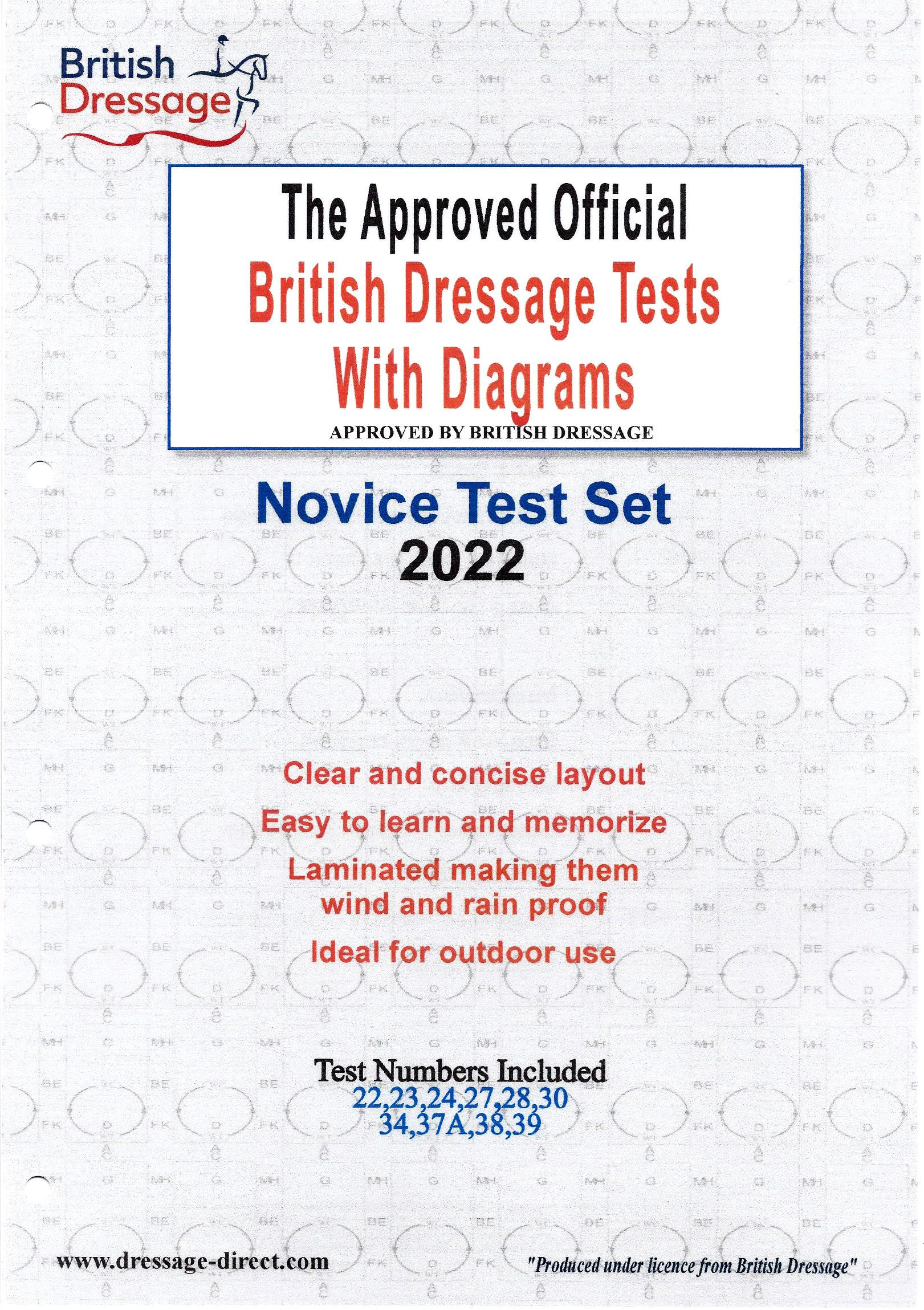 The official, fully approved 2022 series set of British Dressage Novice tests with diagrams
