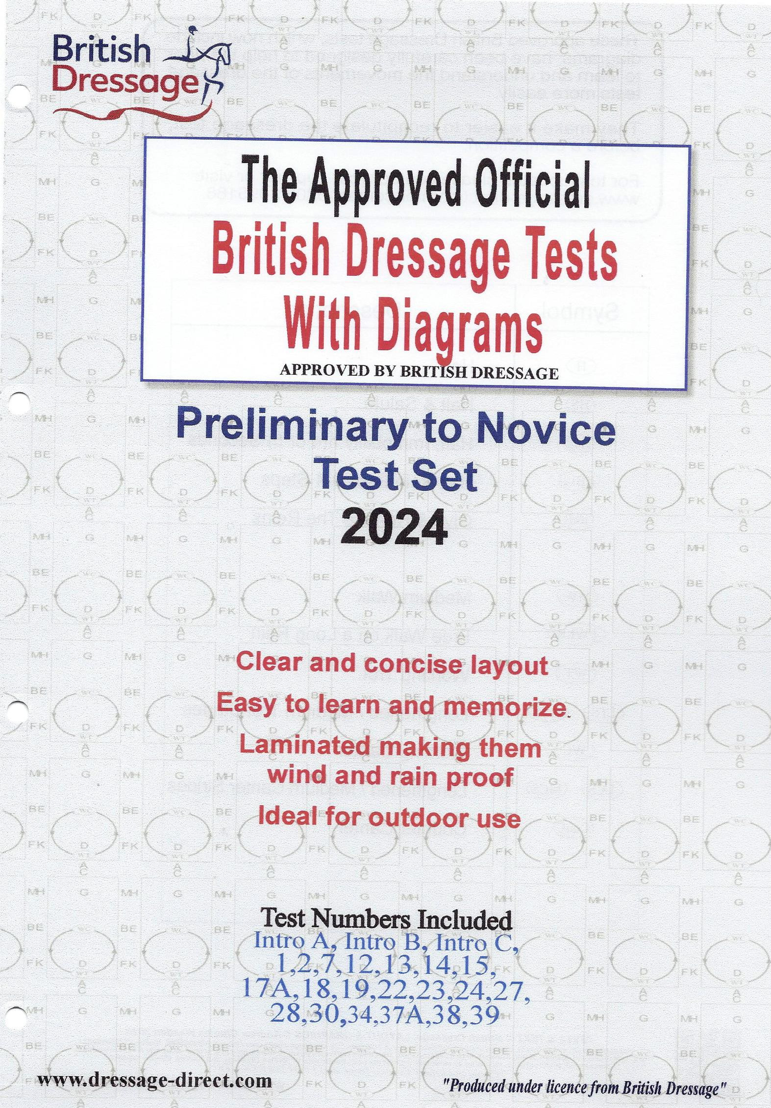 The official, fully approved 2024 set of British Dressage Intro, Preliminary, Novice tests with diagrams